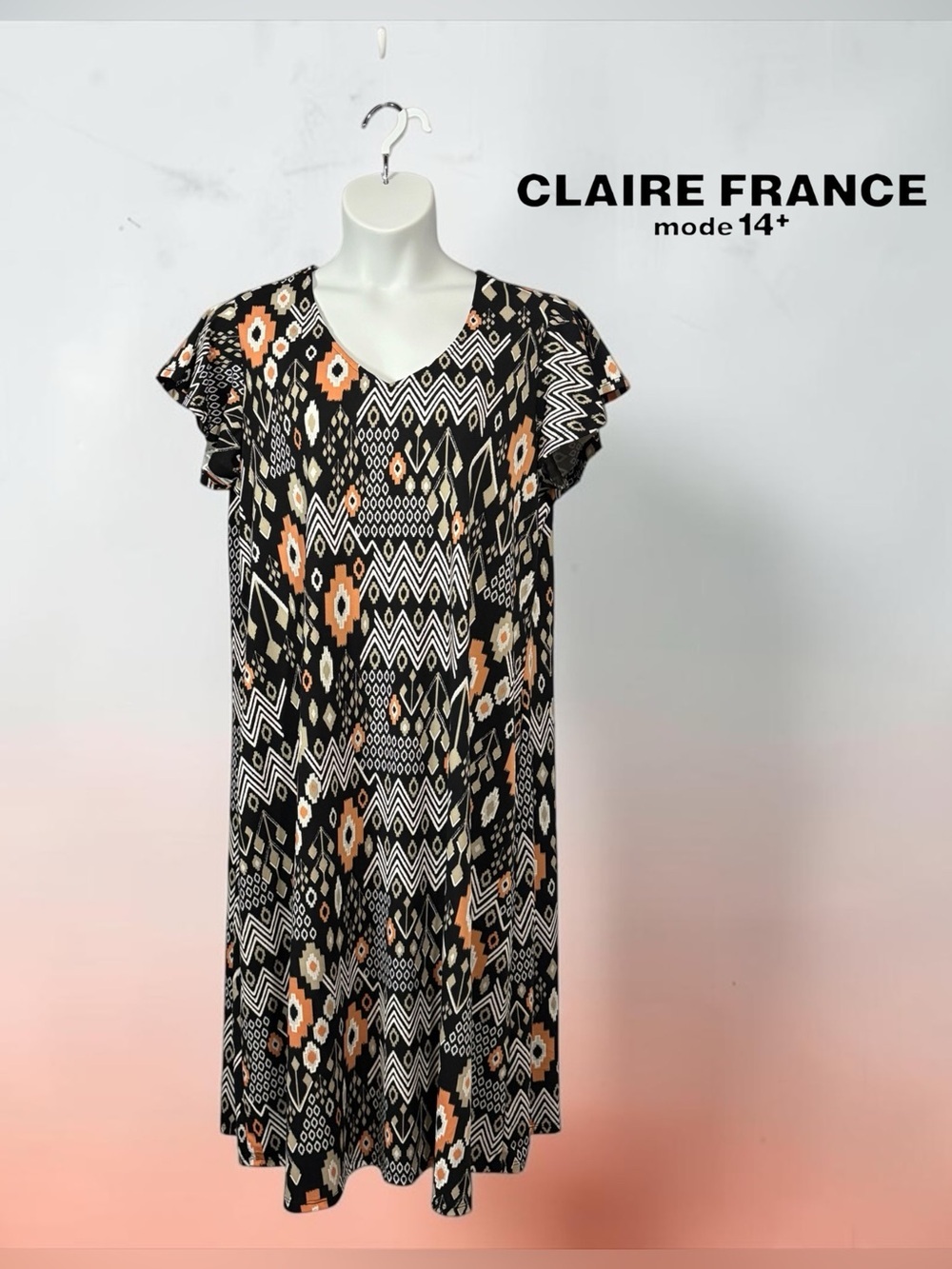 CLAIRE FRANCE, 2X Plus Size, Boho Geometric Maxi Dress, Black, White, Peach